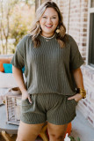 Moss Green Plus Size Rib Knit Short Sleeve Top and Shorts Set