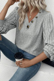 Light Grey Buttoned V Neck Ribbed Puff Sleeve Top