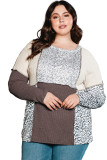 Brown Plus Size Leopard Waffle Ribbed Knit Patchwork Top