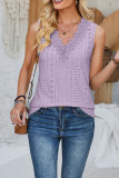 Plain Eyelet Pattern V Neck Lace Edge Tank Top