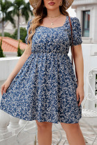 Blue Floral Square Neck Plus Size Dress