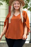 Gold Flame Plus Size Solid Wrapped Ruffled Sleeve V Neck Blouse
