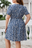 Blue Floral Square Neck Plus Size Dress