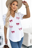 White Sequin Bow Patched Puff Sleeve T Shirt