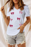 White Sequin Bow Patched Puff Sleeve T Shirt