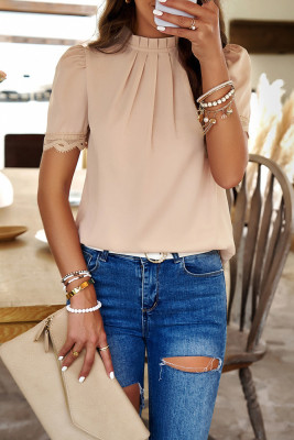 Plain Frill Collar Puff Lace Edge Sleeves Blouse