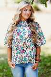 Light Blue Abstract Print Puff Sleeve Mock Neck Blouse