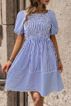 Blue Stripes Splicing Bubble Sleeves Dress 
