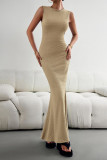 Plain Texture Fish Tail Sleeveless Maxi Dress