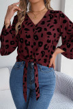 Leopard Print V Neck Buttoned Front Tie Blouse