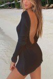 Plain Backless Long Sleeves Knit Beach Dress