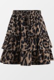 Brown Leopard Elastic Waist Ruffles Skirt