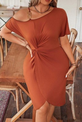 Brown Twist Knot Buckle Plus Size Dress 