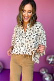 White Leopard Print Button up Ruffled Sleeve Shirt