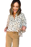 White Leopard Print Button up Ruffled Sleeve Shirt