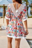 Paisley Print V Neck Lace Splicing Beach Dress