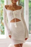 Front Tie Hollow Out Knit Beach Dress