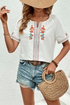White Embroidery Floral Short Sleeves Blouse