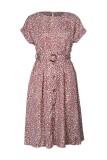 Pale Pink Leopard Print Buttoned Midi Dress With Sash