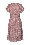 Pale Pink Leopard Print Buttoned Midi Dress With Sash