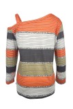 Multicolor Striped One Shoulder Strappy Long Sleeves Top