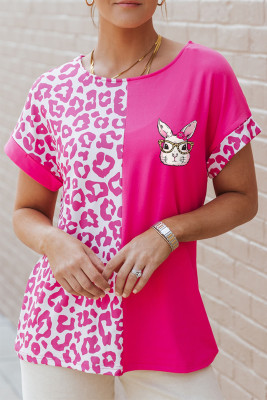 Rose Easter Rabbit Leopard Color Block Crewneck T Shirt