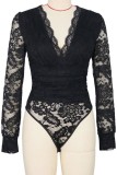 Black Lace Crochet V Neck Bodysuit 