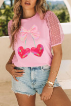 Pink Bow Heart Shape Cherry Print Dotted Mesh Sleeve T Shirt