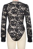 Black Lace Crochet V Neck Bodysuit 