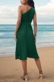 Green One SHoulder Smocked Dress 