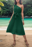 Green One SHoulder Smocked Dress 