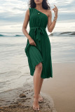 Green One SHoulder Smocked Dress 