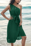 Green One SHoulder Smocked Dress 