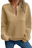 Khaki Split Neck Quilted Long Sleeve Top