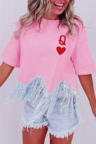 Pink Queen Card Sequin Fringed Hem T-shirt