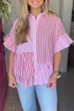 Pink Stripe Striped Patchwork Ruffled Hem Button up Shirt