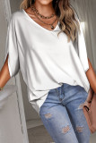 White Solid Color Satin V Neck Batwing Sleeve Blouse