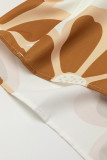 Brown Big Flower Print  3/4 Sleeve Short Dress