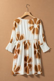 Brown Big Flower Print  3/4 Sleeve Short Dress