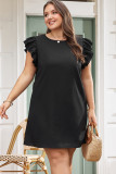 Black Ruffled Sleeve Rib Textured Plus Size Shift Dress