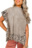 Smoke Gray Leopard Trim High Neck Short Sleeve Loose Sweater