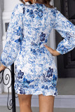 Blue Printed V Neck Bubble Sleeves Ruched Bodycon Dress