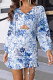 Blue Printed V Neck Bubble Sleeves Ruched Bodycon Dress