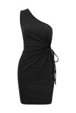 Plain One Shoulder Side Ruched Bodycon Dress