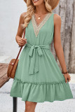V Neck SLeeveless Tie Waist Ruffle Dress 