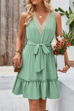 V Neck SLeeveless Tie Waist Ruffle Dress 