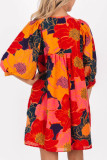 Orange Floral Print 3/4 Sleeve Babydoll Mini Dress