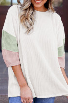 White Color Block Ribbed Knit Quarter Sleeve Top