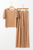 Clay Pleated Bubble Sleeve Top and Wide Leg Pants Set