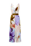 Printed V Neck Hollow Out Strappy Wide Leg Jumpsuit